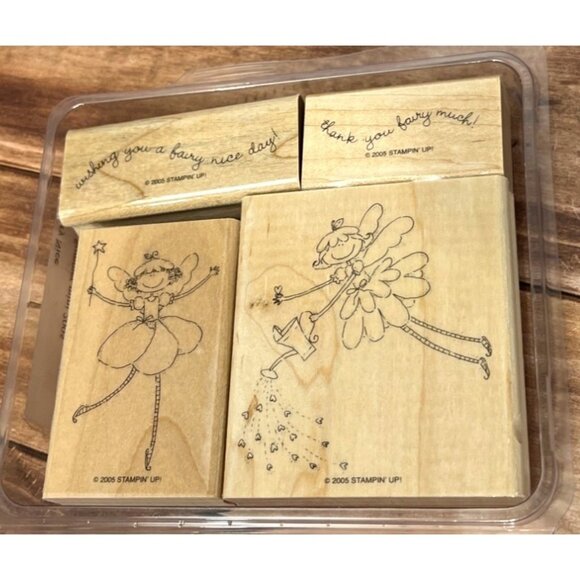 2005 STAMPIN' UP! 105753 FAIRY NICE Wood Mounted Rubber Stamp set of 4 WAND STAR - Picture 1 of 5